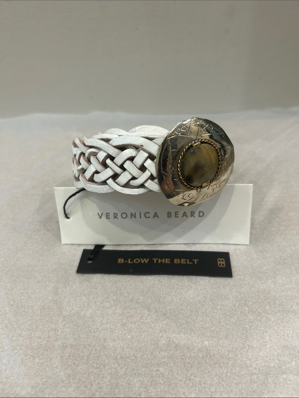 Veronica Beard Braided White Leather Belt with Ornate Metal Medallion Buckle